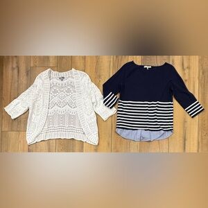 JM Collection White Knit Cardigan & Navy Striped Sweater Medium 3/4 Sleeves
